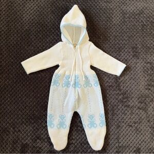 Vintage Baby Knit Footie Bunting Pramsuit Made in Japan Teddy Bear Blue White